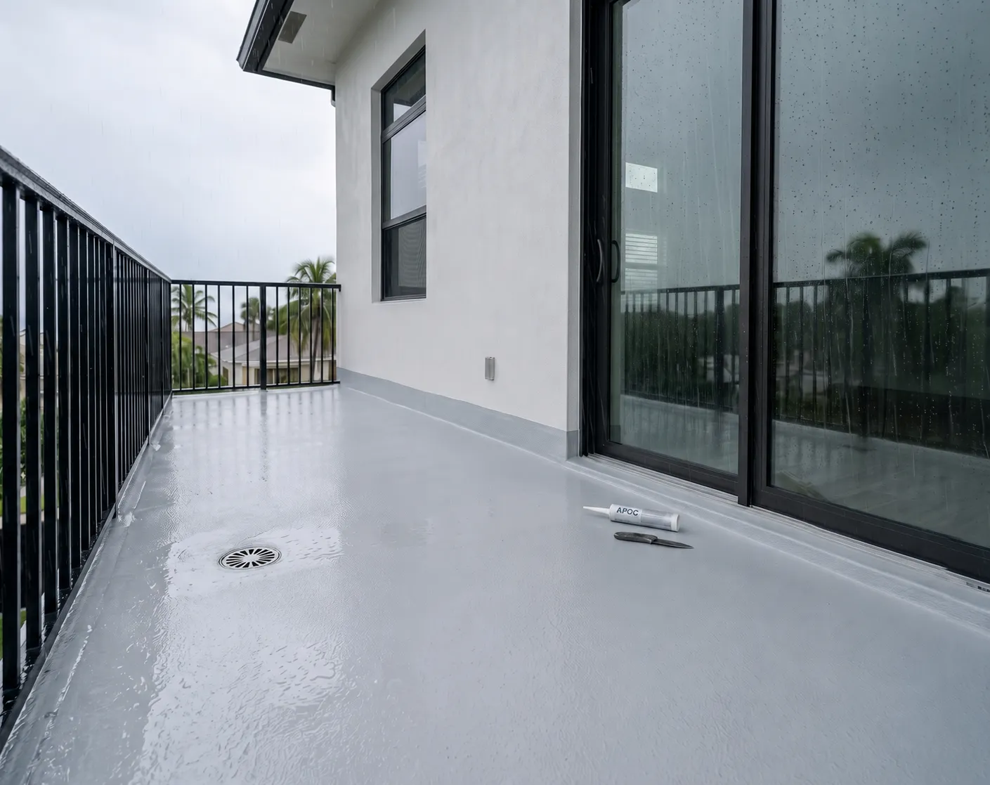 Waterproof balcony deck coating installed on a residential second-story balcony to protect against water intrusion