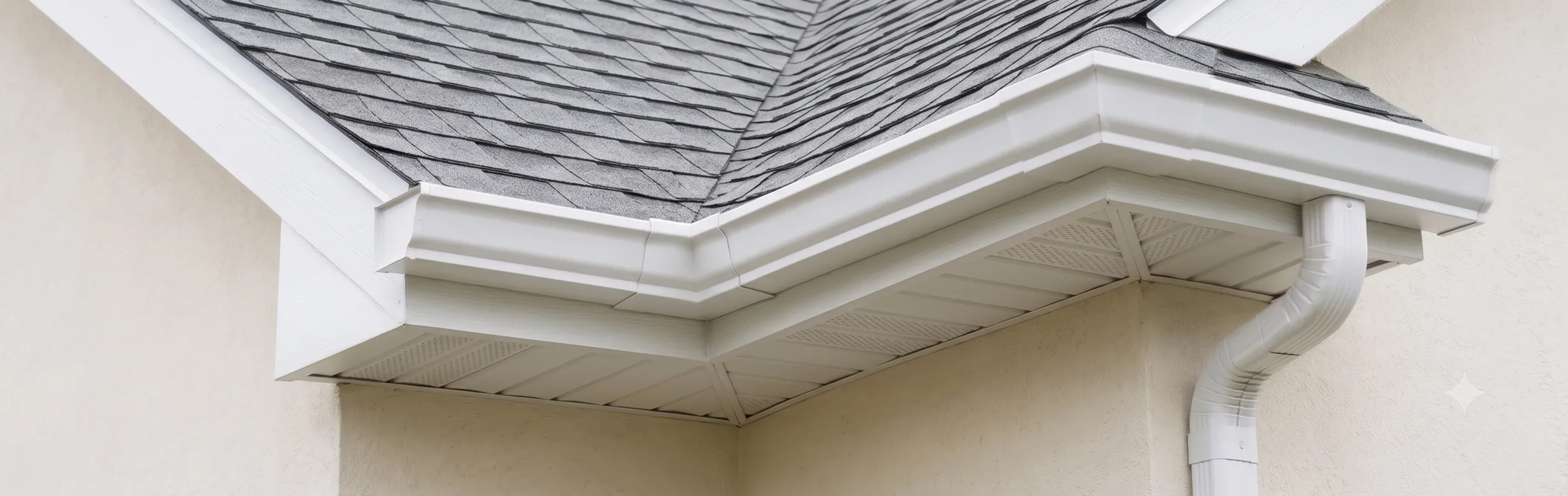 White seamless gutters and downspout installed along an asphalt shingle roof on a residential home