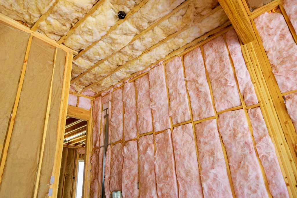 Fiberglass batt insulation installed between wall studs and roof rafters during residential home construction