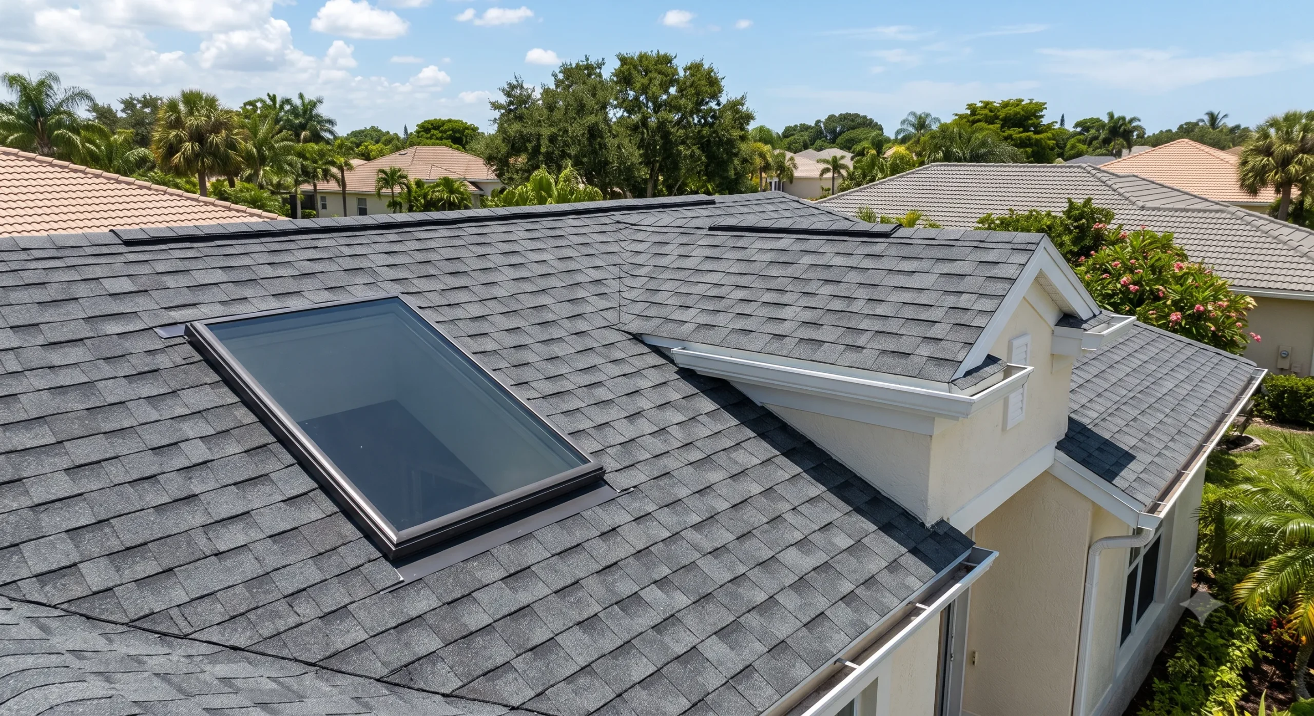 Asphalt shingle roof with a newly installed skylight on a residential home in Coral Springs, FL