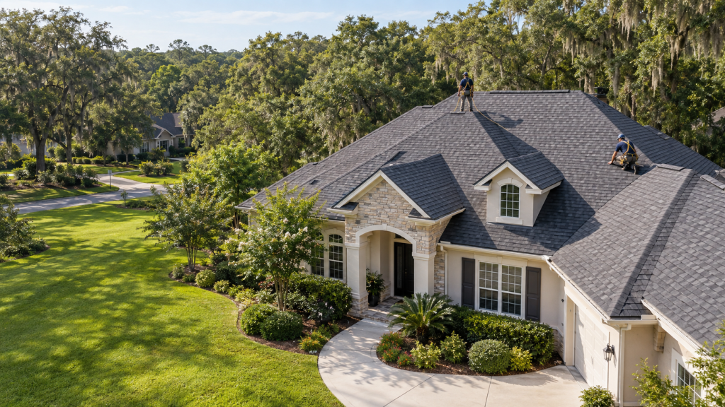 Ace Pro Roofing crew inspecting a residential roof in Gainesville Florida