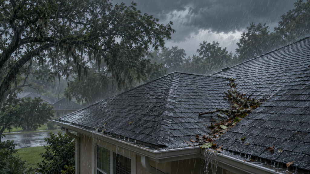 Wind-driven rain and tree debris collecting on a shingle roof in Gainesville, Florida
