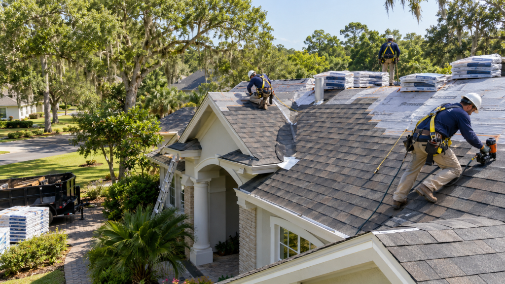 Professional roofing crew installing architectural shingles on a Gainesville Florida home