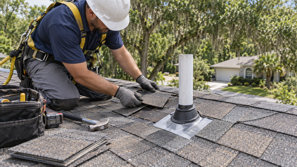 Roofer replacing damaged shingles near a plumbing vent on a Gainesville Florida home