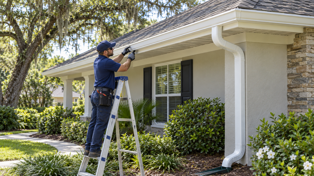 Installer attaching white seamless gutters to a Gainesville Florida home