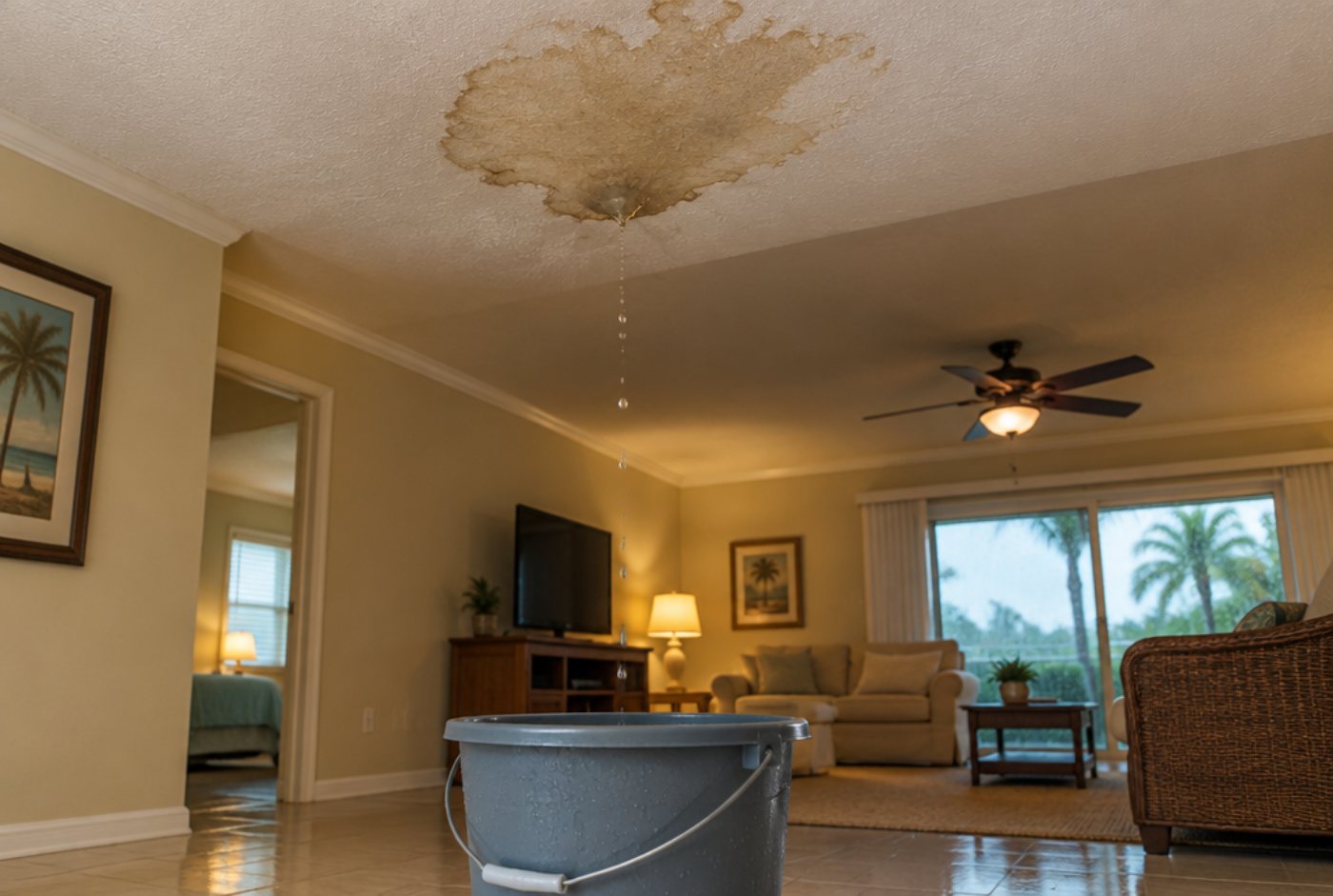Water-stained ceiling with a bucket catching drips after a storm
