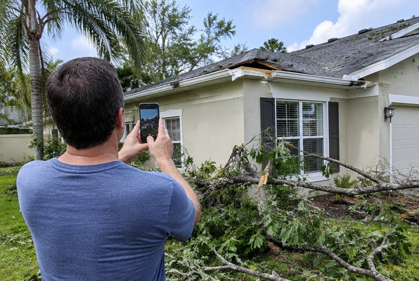 Homeowner photographing storm damage to the roofline with a smartphone