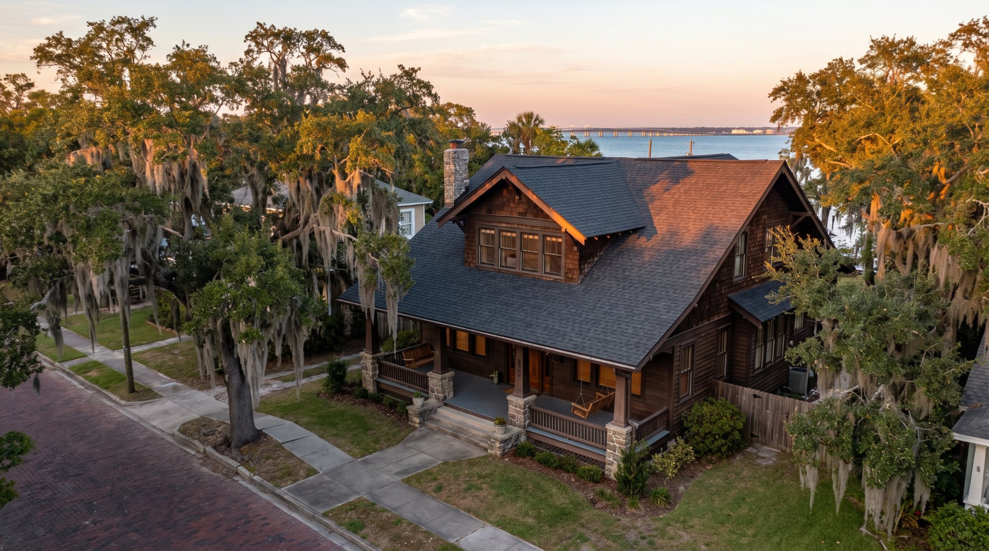 Historic Pensacola craftsman home with a new architectural shingle roof under live oaks