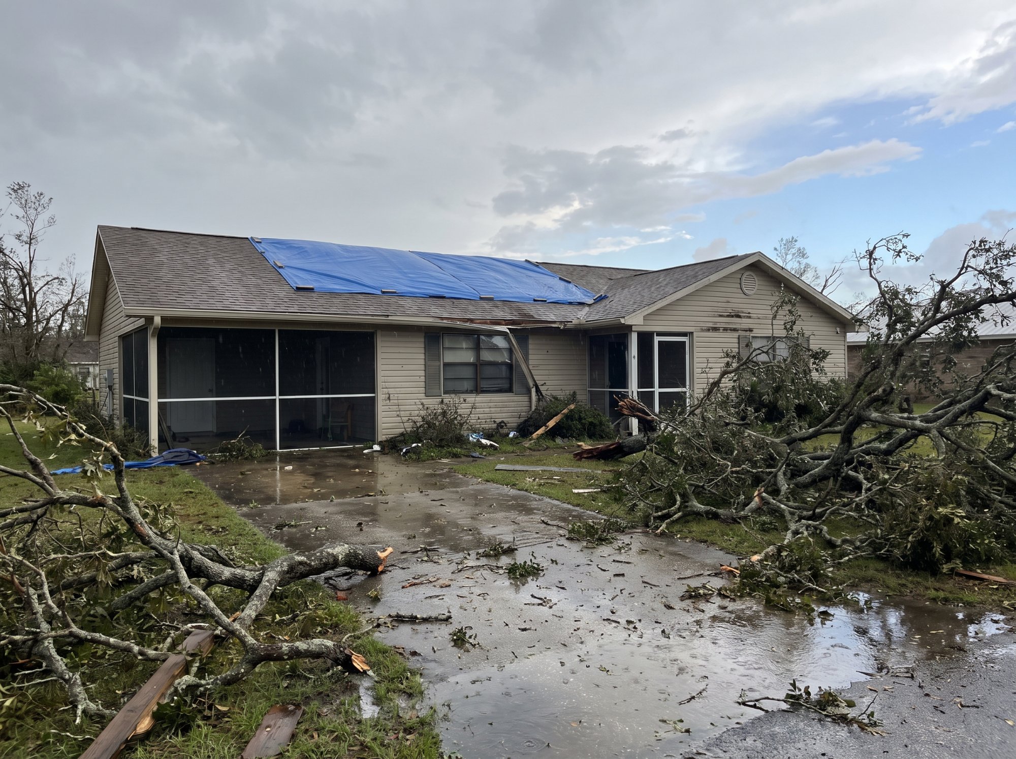 Hurricane damaged roof in Pensacola covered with an emergency tarp