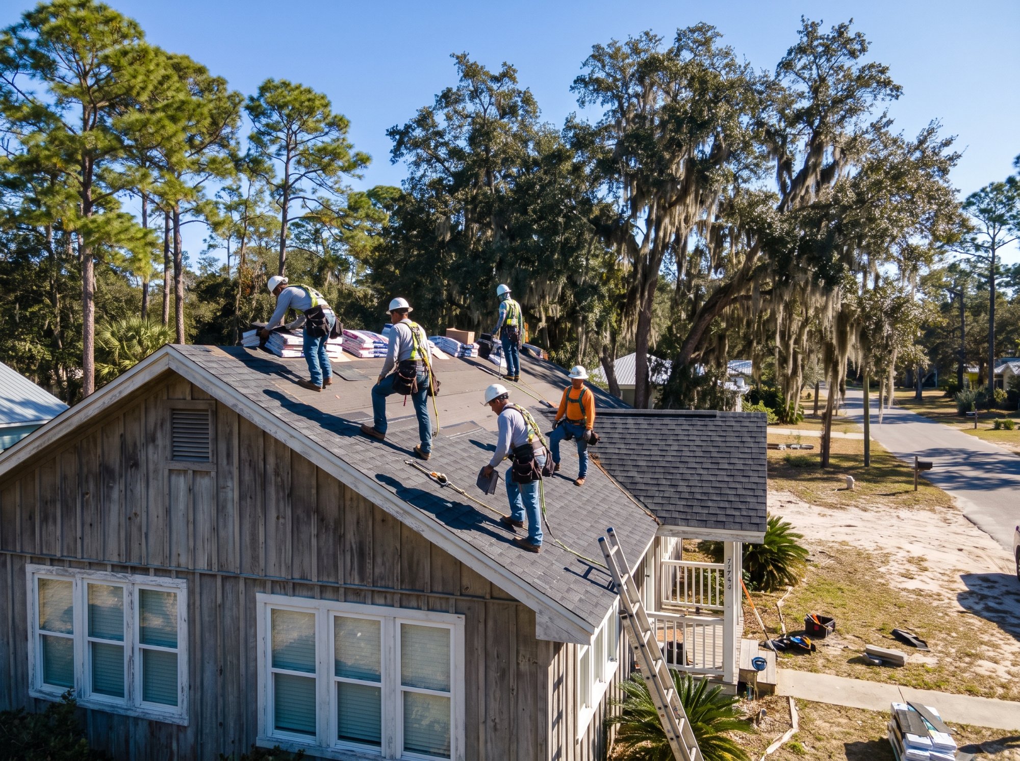 Ace Pro Roofing crew installing a new shingle roof on a Pensacola cottage