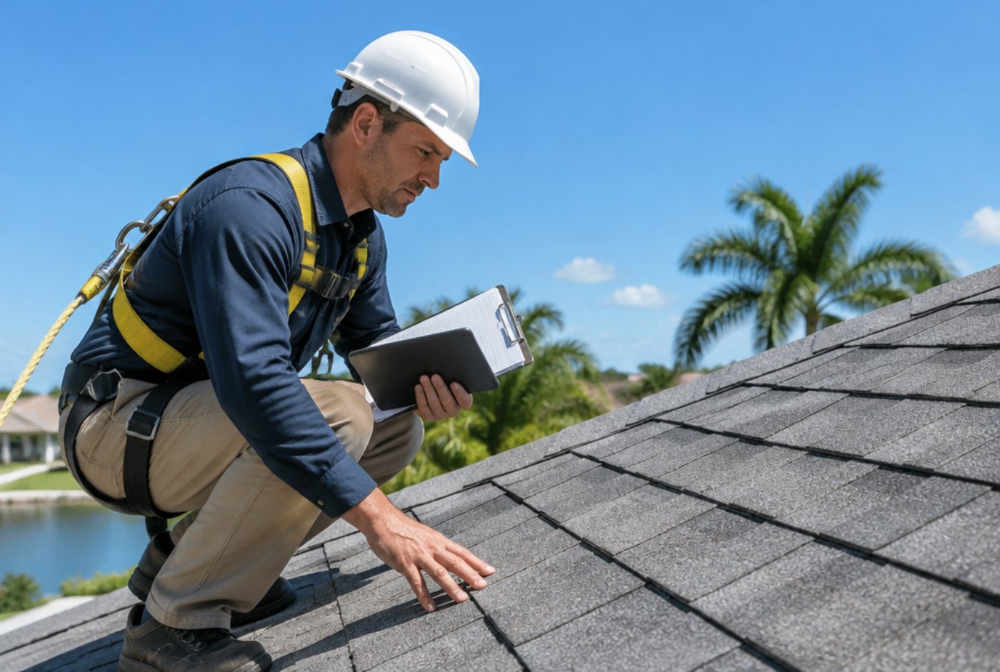Licensed roof inspector checking shingles for storm damage