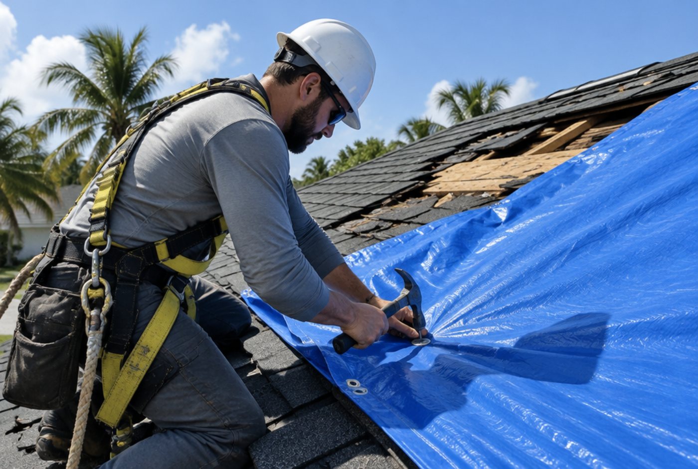 Roofer in a safety harness securing a blue tarp over a storm-damaged roof