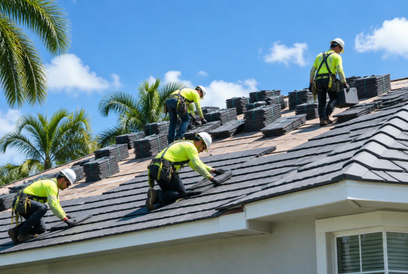 Roofing crew installing a new roof on a Florida home