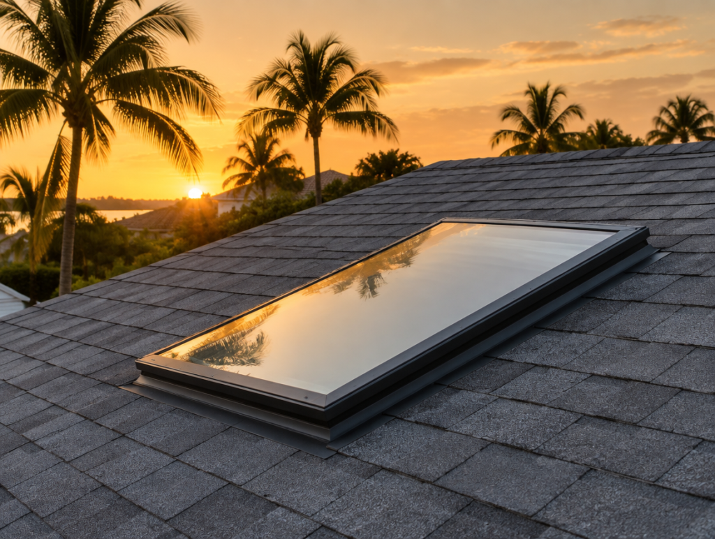Skylight on a shingle roof at golden hour