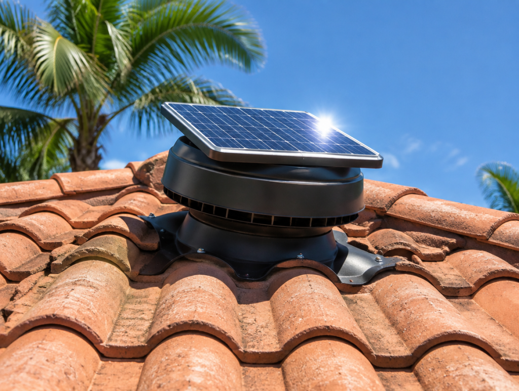 Solar attic fan installed on a tile roof